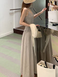 Parma Old Street_French Heroine V-Necked Lattice Niche Design Sling Skirt