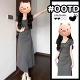 Round Collar Folded Waist Dress Women's Summer 2026 New Gray Small French A-Word Long Dress