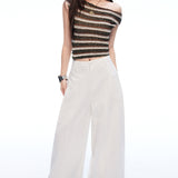 6137 New Casual Trousers Women's White Cotton Straight Trousers Wide Leg Trousers Loose Lazy Trousers