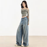 Dark Blue High-Quality Fireworks Pattern White Design Wide-Legged Jeans Women's New 25 Years