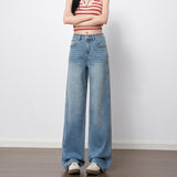 Blue High-Rise Elastic Straight Jeans Women 2026 Spring New Non-Legged Slim Texture Wide Leg Pants