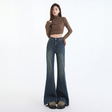 Micro-Horn Jeans Women High-Rise Loose Slim Slimy Retro Blue Lengthened Trousers Tall Lengthened Version