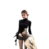 Black And Dyed Miekev Black Long-Sleeved T-Shirt Girl Autumn Babes Design Slimming Hollow High Collar Top