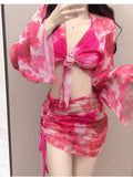 Blue Tie-Dye Four-Piece Swimsuit Women's Net Yarn Long-Sleeved Jersey Sleeves Jersey Bikini Beach Swimsuit