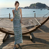 2025 Smart Impression Vintage Niche Design Holiday Atmosphere With A Feeling Of Hanging Neck Prints Bare Back Dress Summer