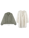 French Fine-Flash Fairy Dress / Silk Cotton Water Wash Retro Army Green Jacket Trench Coat