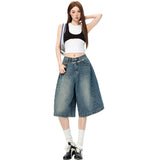 3016 Retro-Blue Retro Five-Point Trousers Shorts Men's Summer Loose Broad Leg Pants Spandex