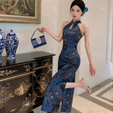 New Chinese Style Elegant Retro Print Open Fork Improved Cheongsam Dress Open Sleeveless Plate Button Dress Woman