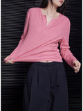 Pink Long-Sleeved Temperament Knitted Shirt T-Shirt Design Small 2025 Early Autumn Bottoming Shirt