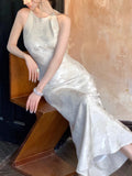 Floating Light White French Elegant Temperament Dress Cut Shoulderless Sleeveless Waist Thin Fishtail Skirt New Chinese Dress