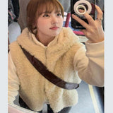 Imitation Of The Wool Hooded Vest Women 2025 Spring And Autumn New Small Design Short Casual Folded Coat
