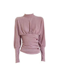 Small High-End Feeling New Chinese High-Neck T-Shirt Autumn And Winter New Slimming Waist Folding Button Bottom Shirt Woman