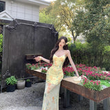Purely Want Holiday Style Yellow Broken Flower Hanging Dress Women Summer Bare Back Strap To Close The Waist Net Yarn Fishtail Long Skirt