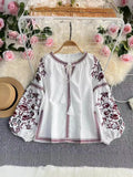 Vintage Lantern Long-Sleeved Round-Neck Embroidered Shirt Ethnic Wind Embroidery Escheasus Loose With Cotton Doll Shirt Top
