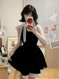Black Sleeveless Hanging Neck Dress Women Summer French Temperament High-End Feeling Small Bow Bows Waist Short Skirt