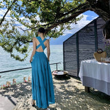 2025 Summer New French High-End Sexy Desex Strap V Tie Hanging Neck Seaside Holiday Big Swing Dress Woman