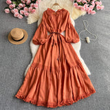 French High-End Lace Splicing Strap To The Waist Lantern Sleeve Dress Female Thin Temperament Over The Knee Dress