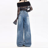 High Street Design Splashed With Painted Broad-Legged Jeans Women's Autumn Dress Retro Old Wasteland Trousers