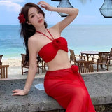 Red Three-Dimensional Flower Bikini Three-Piece Swimsuit Woman Hanging Neck Cue Dress Seaside Swimsuit