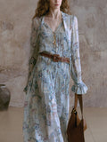 Mist Lanxiang Nomadic Style Print To Collect Waist Long Temperament V-Neck Dress With Sling Skirt