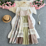 Yunnan Tourism Seaside Resort Style Retro Broken Flowers Spliced Slinged Dress Women Summer Small Loose Long Dress