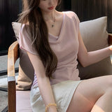 Middle Ancient Fragrant Hyssun ~ Tiansi Silk Silk Collar Small Knitting 5 Color Short-Sleeved Top Female Design Sense Niche