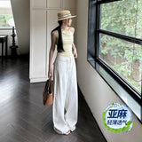 YC& Vintage Loose Broad Leg Trousers Twitching Cotton Hemp Thin Breathable Linen Straight Slacks Women