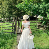 One-Word Shoulder French Lotus Side Top Women's Summer New Gentle Suit High Waist Hanging White Skirt Dress