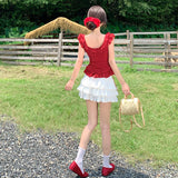Red Round Collar Small Flying Sleeves Dot Shirt White Lotus Leaf Side Top + High-Waisted Ballet Skirt Skirt Skirt Skirt Skirt