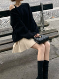 The Sunny Day Confession_Through The Wardrobe Full Folded Full Wool Skirt / V Collar Henry Waist High-Waist College Wind