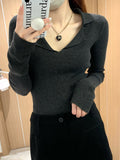 Sexy And Cute Polo Knitted Shirt Women's Early Autumn Thin Design Feel Bottom Wool Sweater