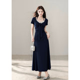 2026 Summer Short-Sleeved Dress Female Design Sense Hanging Neck French Retro Temperament Waist Show Lanky Skirt
