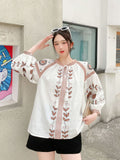 Spring 2025 New Women's Retro Solid Color National Style Embroidered Loose Lantern Sleeve Shirt Loose Top Woman