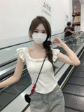5051 #Summer Cotton Small Fresh Square Wooden Ear To Reduce The Age Of Small Flying Sleeve Bow Design Short-Sleeved T-Shirt