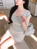 Powder Mint Thin Wool Bow Short-Sleeved Knitted Shirt Sweet Lace Top