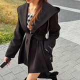 Korean Chic Autumn And Winter Retro High-End Belt Hair Coat Loose Small Hooded Cape Coat 3 Colors