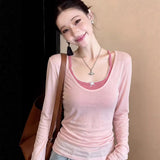 Pink U-Neck Front Shoulder Sunscreen Long-Sleeved T-Shirt Women Summer With Slings Out Two Sets Of Tulle Air Conditioning Tops