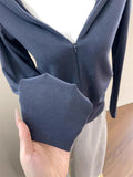 Autumn High-End Sense Simple Waist Thin Coat Female Casual Tibetan Blue V-Neck Zip Hooded Jacket Woman