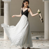 French Small Retro Black And White Splicing Irregular Lotus Edge Super Fairy Sling Dress Women's Holiday 100-Fold Long Dress