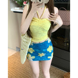 Yellow Strapped Neck-Scared Waist-And-Bosing Vest Woman Summer Seaside Dopamine-In-Matched Bag-Buffed Half-Dress Two-Case