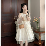 White Pure Lust Wind Out-Shoulder Straped Round Collar Dress Female New Summer Gentle Temperament Sweet First Love Dress