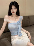 Net Red Pure Lust Lace Lace Slant Shoulder Vest Three-Dimensional Lace Han Han Yen Age-Reduced Sleeve Sexy Slimming Top