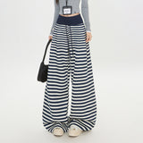 2025 New Autumn And Winter Striped Loose Comfortable Trousers Blue And White Drawstring With Elastic Slack Design Sense