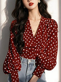 Red Wave Point Long-Sleeved Shirt Woman 2025 Spring And Autumn New French Retro Style Temperament Reduction Top