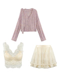 Long Thousands Of Gold Color Dyed Purple V Neck Scarf Wool Knitted Cardigan Coat