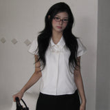 Korean Version Of The Girl Feeling Four Button Summer Retro Doll Collar Casual Short-Sleeved Shirt Top