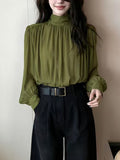 2026 Early Spring New French High-End Light Luxury Green Wrinkled Dens Downsted Shirt Women's Professional Commuter Shirt