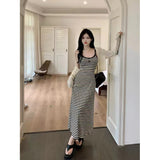 Yuyue Yue Striped V-Neck A-Character Sling Dress Woman Xia Han Casually Repair Waist-Skinny Dress