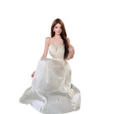 2026 New French Water-Light Wrinkled Skirt Hot Diamond Mesh Splicing Folding Dress Sanya Vacation Super Fairy