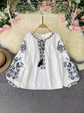 National Style Retro Heavy Industry Embroidery Tiling With Tuxedo Collar Loose Thin Age Bubble Sleeve Tops Women's Holiday Shirt